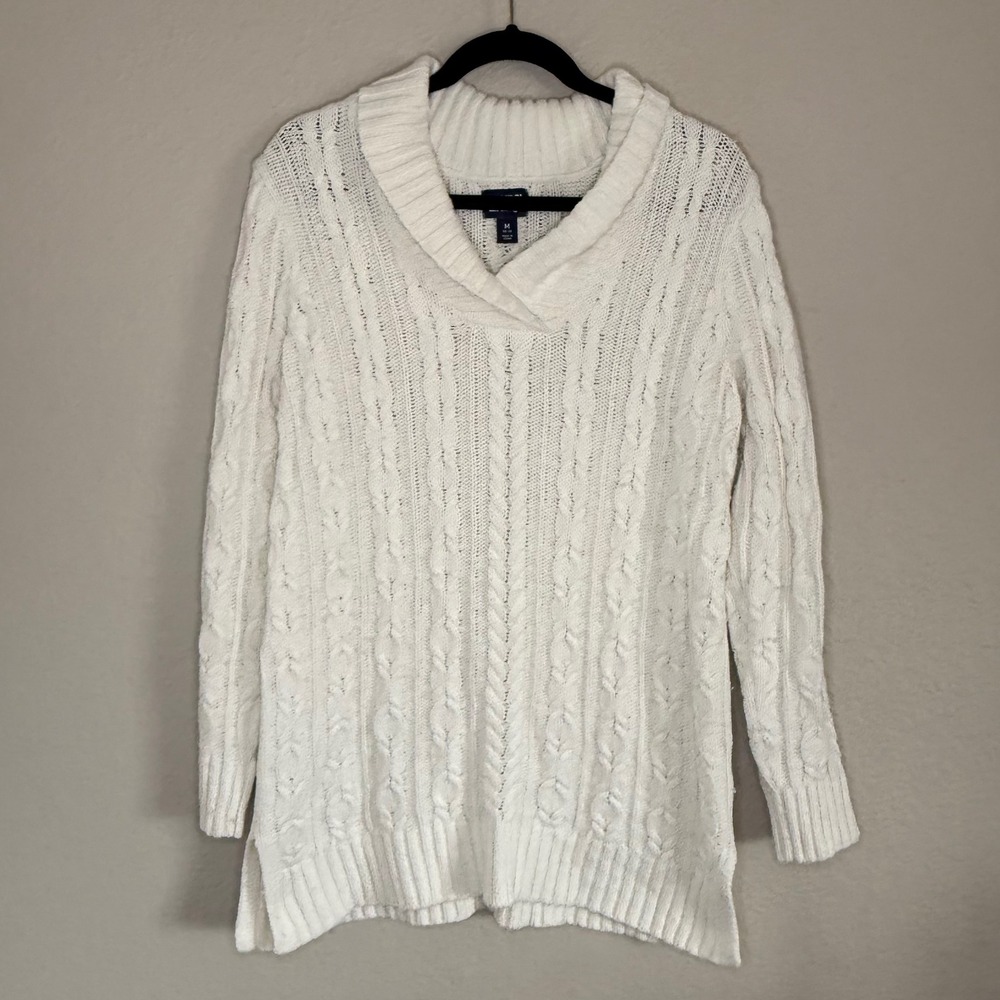 Lands End Womens Medium White Cable Knit‎ Fisherman Sweater Shawl Collar Preppy